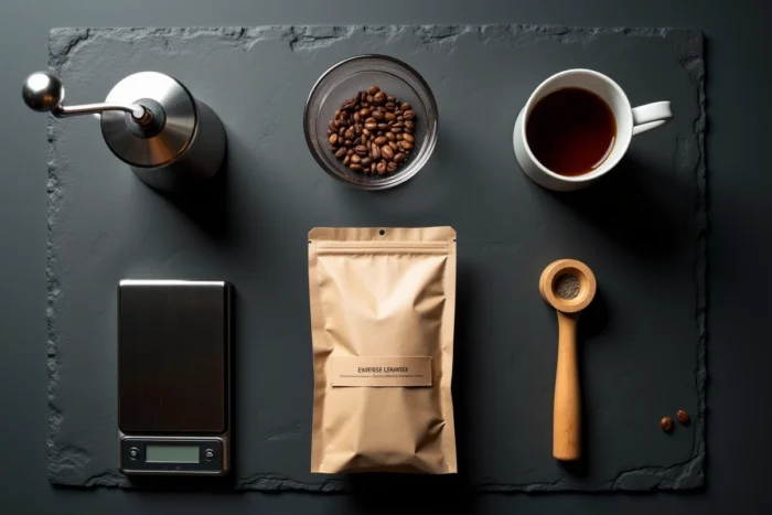 Flat-lay d'accessoires de café artisanal sur ardoise sombre incluant moulin à café, balance digitale et grains de spécialité