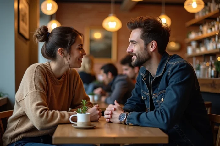 Homme et femme dans la trentaine en conversation intime dans un café britannique chaleureux, évoquant la complicité entre Jenna Coleman et Tom Hughes