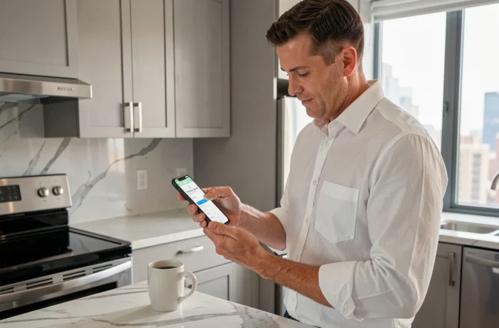 Homme activant son compte MyFoncia sur smartphone dans une cuisine moderne