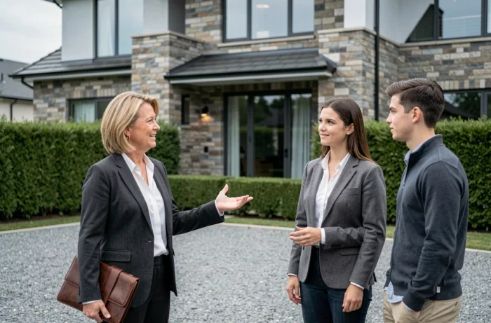 Agent immobilier présentant une maison contemporaine à un couple de futurs acquéreurs en extérieur