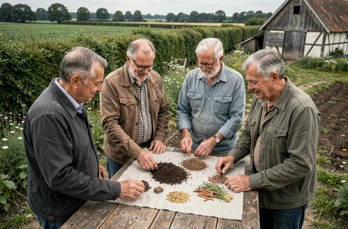 Groupe d'agriculteurs normands collaborant autour d'échantillons de sol et de semences dans une ferme régénératrice