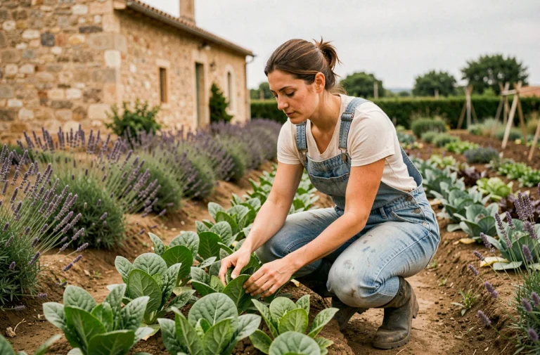 Agricultrice française inspectant ses cultures dans un potager provençal durable entouré de lavande et de murs en pierre