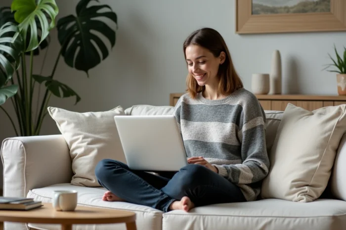 Femme utilisant des outils alternatifs à Gramho pour analyser des profils Instagram depuis son salon