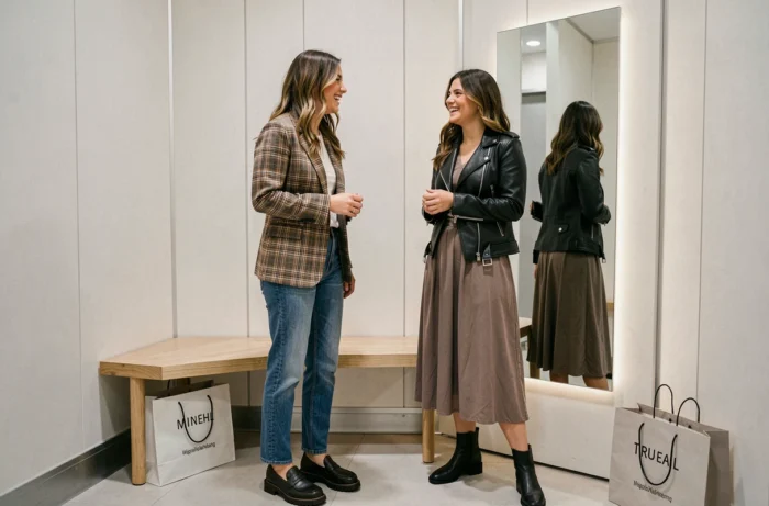 Deux amies comparant des tenues tendance devant un miroir dans une cabine d'essayage moderne et lumineuse