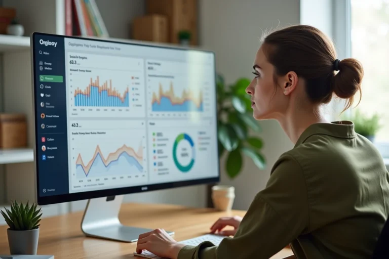 Jeune femme analysant des statistiques Instagram sur un tableau de bord analytique à son bureau