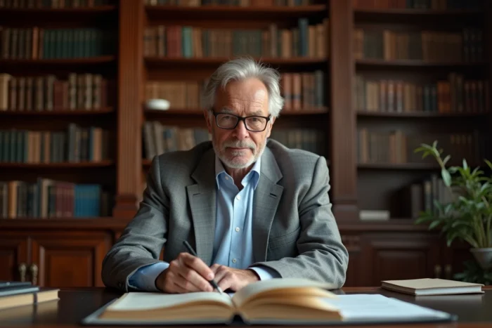 Homme distingué d'âge mûr consultan des documents dans un bureau classique français, évoquant le parcours professionnel discret d'André-Louis Auzière