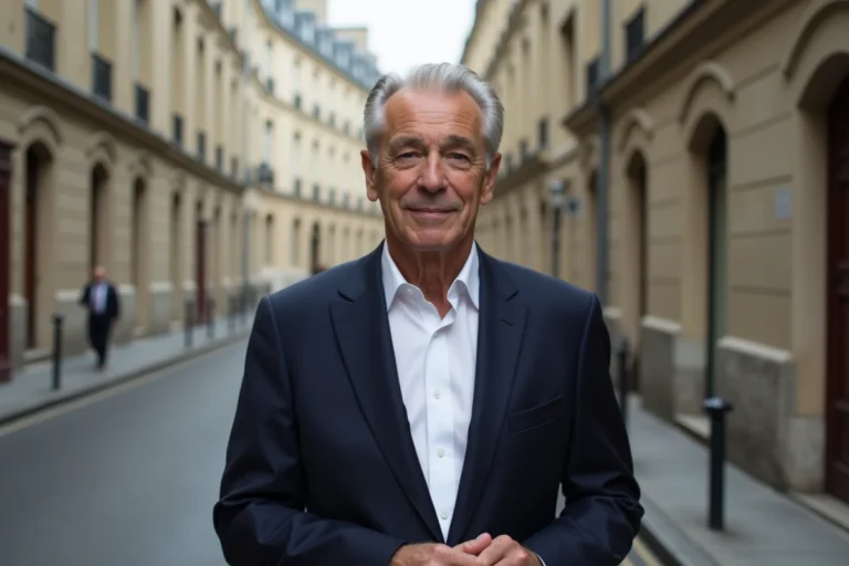 Portrait d'un homme élégant et discret dans une rue parisienne haussmannienne, illustrant le profil d'André-Louis Auzière, ex-mari de Brigitte Macron