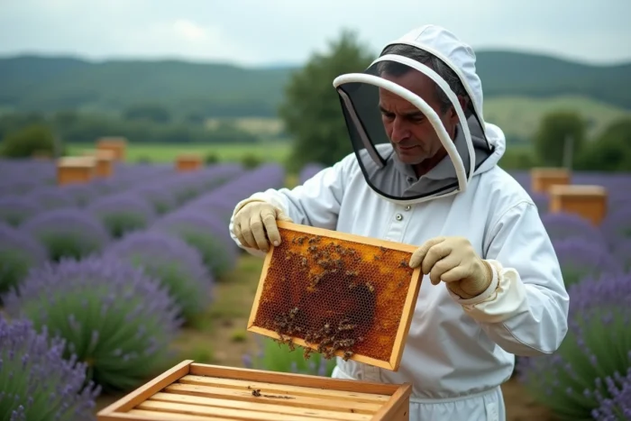 Apiculteur en combinaison blanche inspectant un cadre de ruche rempli de miel dans un champ de lavande, illustrant la production artisanale du miel ABT en milieu naturel