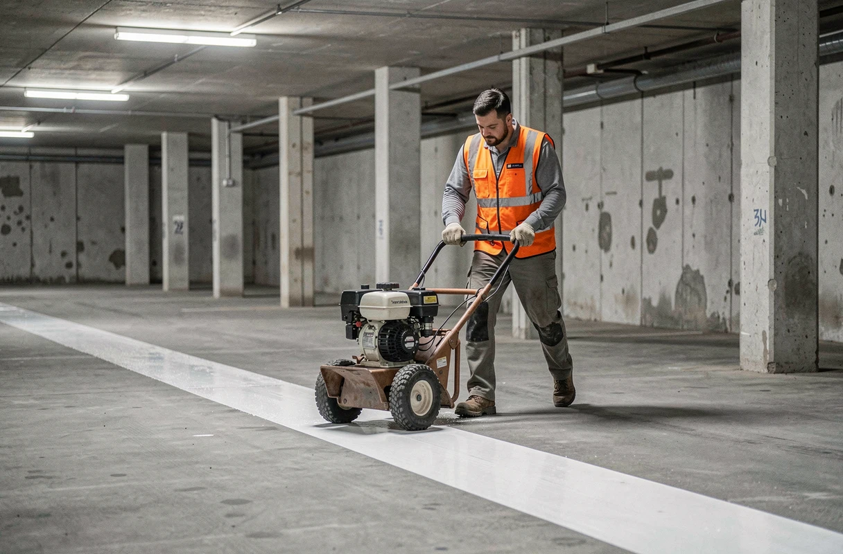 Ouvrier appliquant de la peinture de marquage au sol dans un parking couvert avec machine à tracer