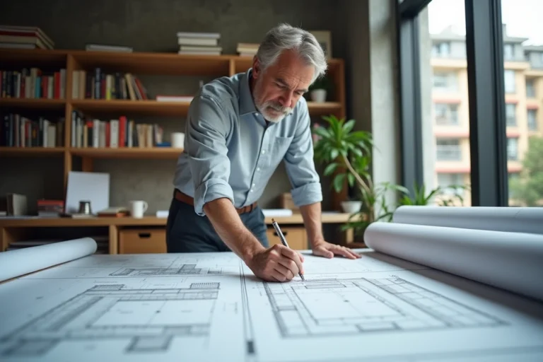 Architecte consultant les normes NF P 01-012 et NF P 01-013 sur des plans techniques dans un bureau professionnel