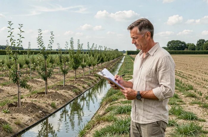 Architecte paysagiste examinant des plans d'agroforesterie dans un champ agricole de la vallée de la Loire