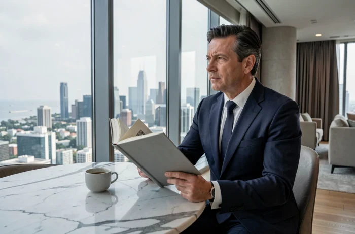 Homme en costume sur mesure bleu marine assis à une table en marbre dans un penthouse de luxe contemporain avec vue panoramique sur la ville et livre d'art ouvert