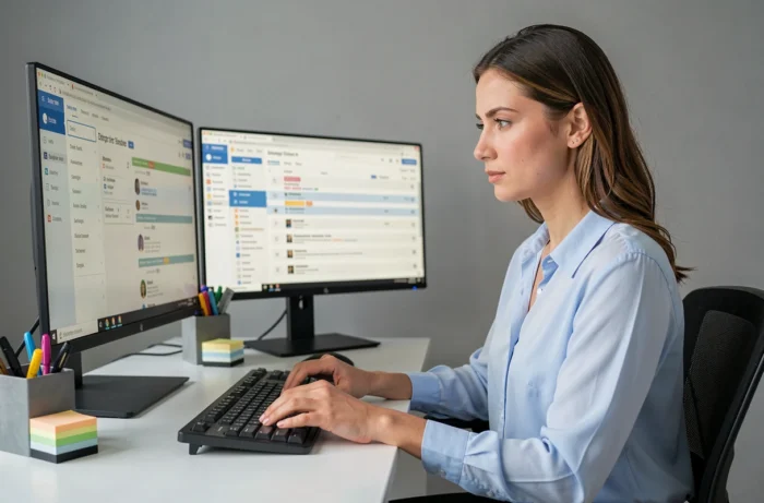 Femme travaillant comme assistante virtuelle depuis son bureau à domicile avec deux écrans affichant des outils de gestion de tâches et d'e-mails