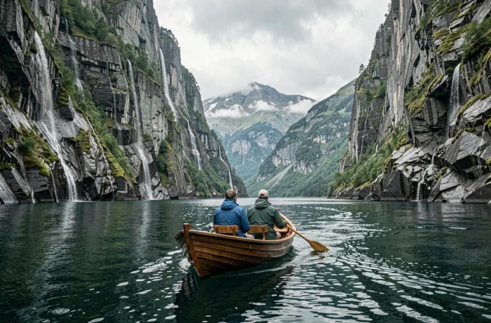 Bateau naviguant dans un fjord norvégien entouré de falaises de granite et de cascades naturelles