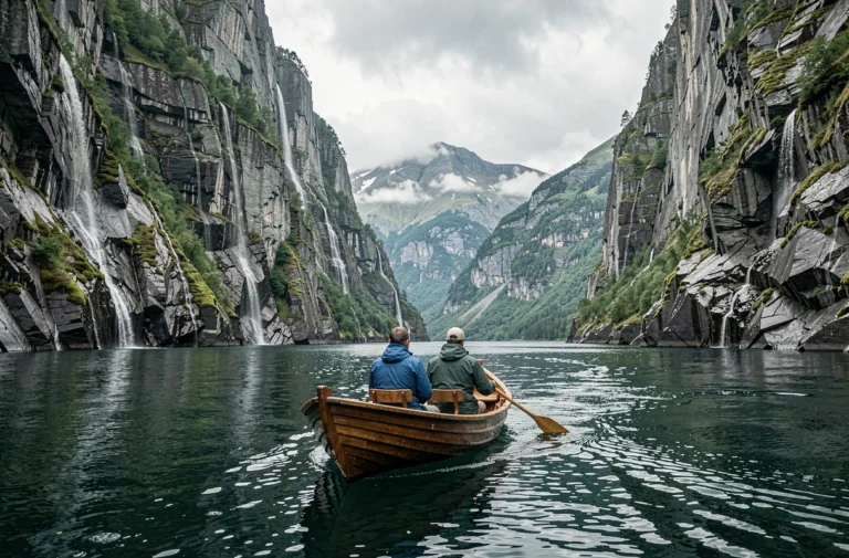 Bateau naviguant dans un fjord norvégien entouré de falaises de granite et de cascades naturelles