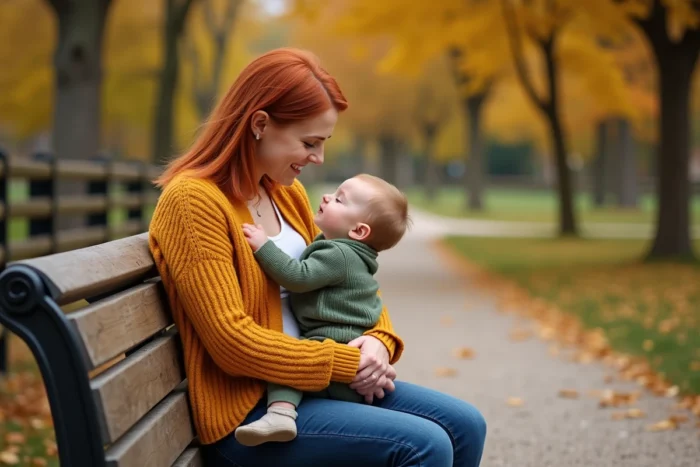Maman rousse assise sur un banc de parc en automne avec son bébé qui lui touche le visage
