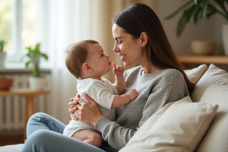 Bébé touchant tendrement le visage de sa maman assise sur un canapé beige dans un salon chaleureux