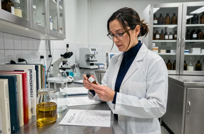 Biologiste marine en laboratoire analysant des huiles d'origine cétacée et des diagrammes moléculaires liés aux anciens ingrédients cosmétiques