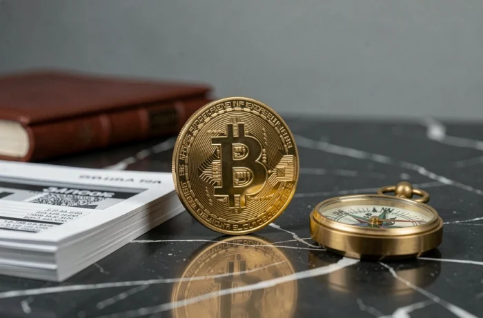 Pièce Bitcoin dorée en détail sur une surface en marbre sombre avec des documents financiers, symbolisant la réserve de valeur
