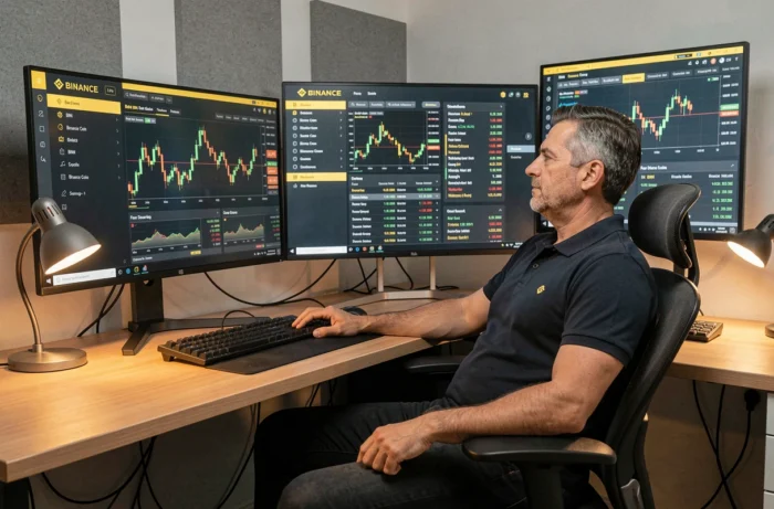 Trader devant un écran affichant le tableau de bord Binance avec les statistiques du BNB Binance Coin dans une salle de trading