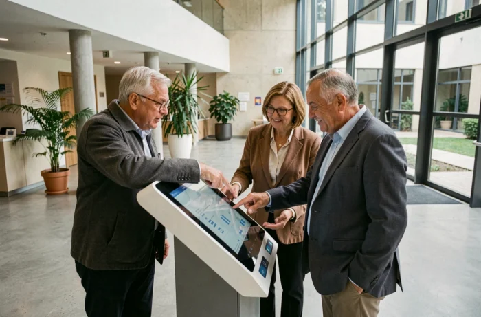 Groupe de citoyens utilisant une borne numérique interactive dans un espace public rénové des Yvelines