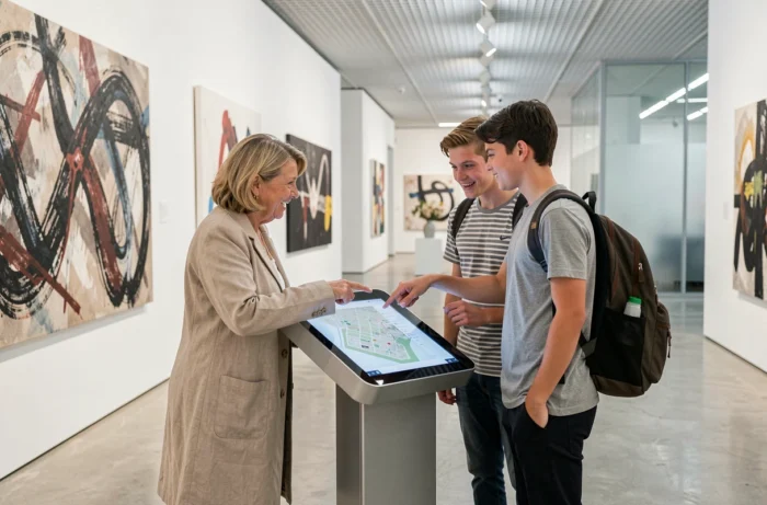 Groupe de visiteurs utilisant une borne tactile interactive pour naviguer dans une galerie d'art contemporain