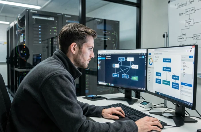 Ingénieur data devant un schéma de réseau oracle Chainlink LINK reliant des données off-chain à des smart contracts