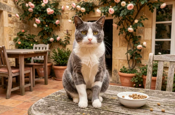 Chat gris et blanc inconnu installé sur une table de terrasse en pierre avec une gamelle de nourriture