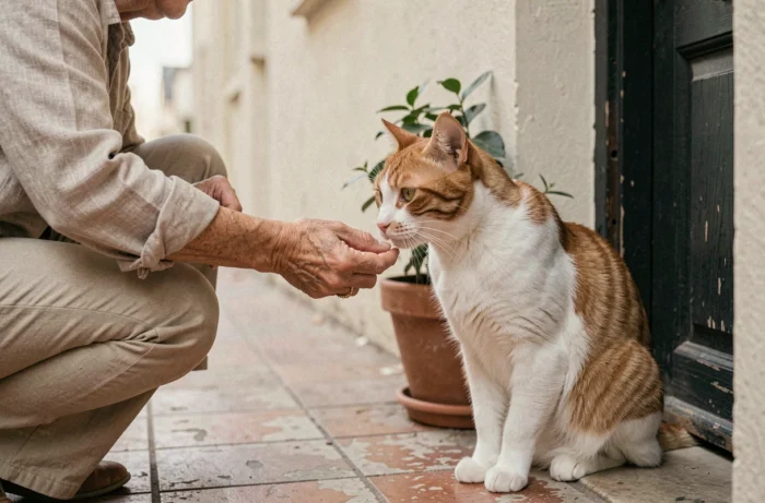 Femme accroupie tendant la main vers un chat roux inconnu à l'entrée de son appartement