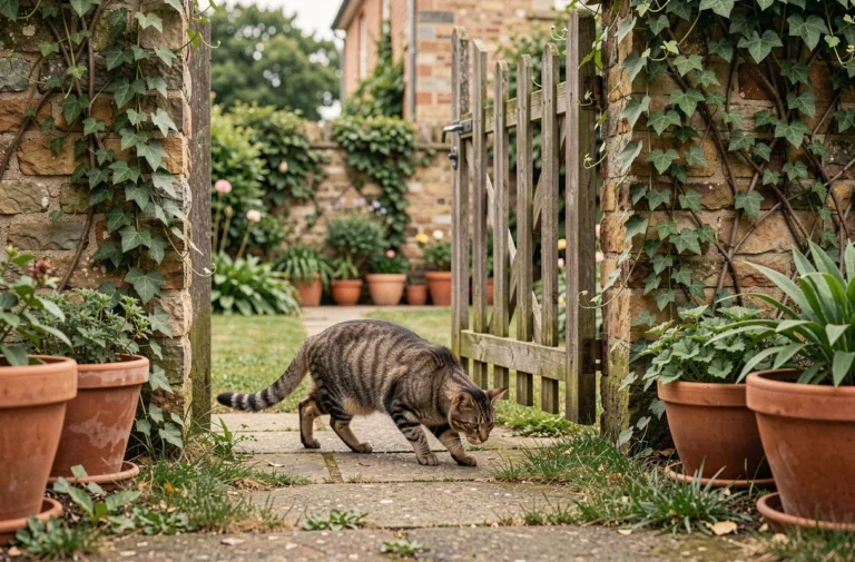 Chat tigré inconnu entrant prudemment dans un jardin résidentiel par un portail ouvert