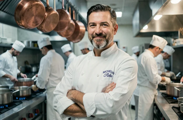 Chef cuisinier étoilé en veste blanche dans une cuisine gastronomique moderne, symbole de prestige et de salaire élevé en France