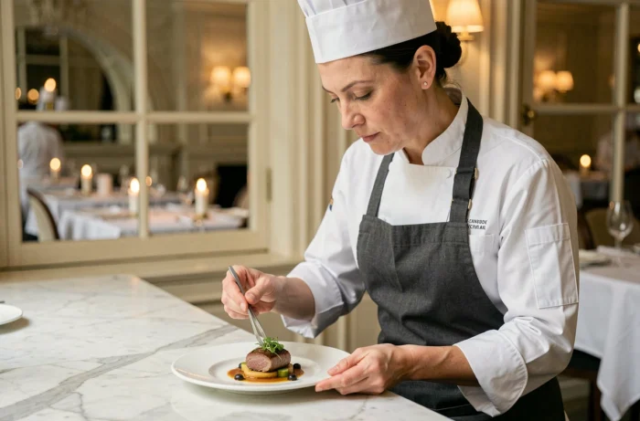 Cheffe cuisinière étoilée dressant une assiette raffinée dans un restaurant gastronomique parisien, illustrant l'excellence culinaire et les hauts salaires