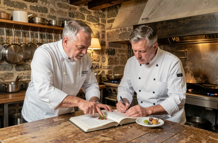Deux chefs cuisiniers étoilés discutant d'une recette dans une cuisine française traditionnelle, représentant l'expertise et la rémunération des grands chefs en France
