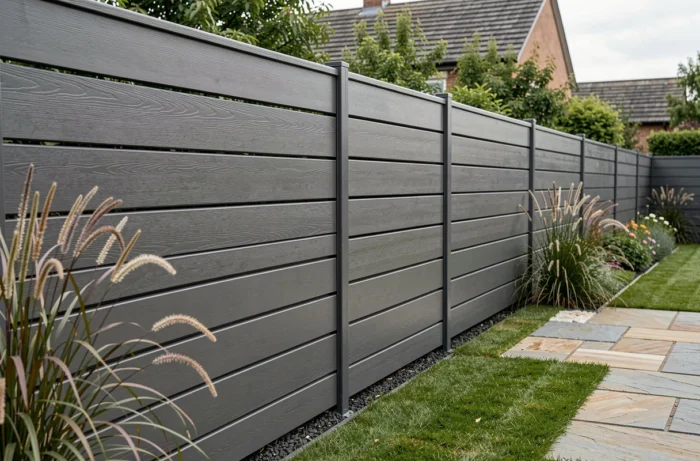 Clôture de jardin en composite gris anthracite avec lattes horizontales dans un jardin moderne et soigné