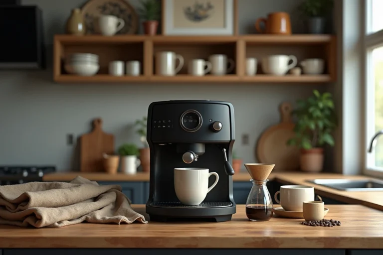 Coin café cosy aménagé dans une cuisine maison avec machine à expresso noire, dripper en céramique et étagères en bois garnies de tasses