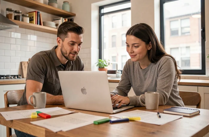 Deux adultes collaborant ensemble sur une session de formation en ligne depuis une cuisine moderne à domicile