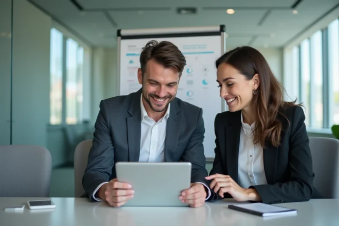 Deux professionnels collaborant sur tarbob com via une tablette dans une salle de réunion moderne