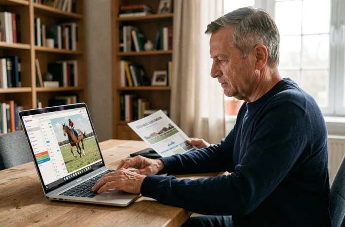 Homme connecté à son compte Infonet 5 sur un ordinateur portable pour suivre les courses de trot