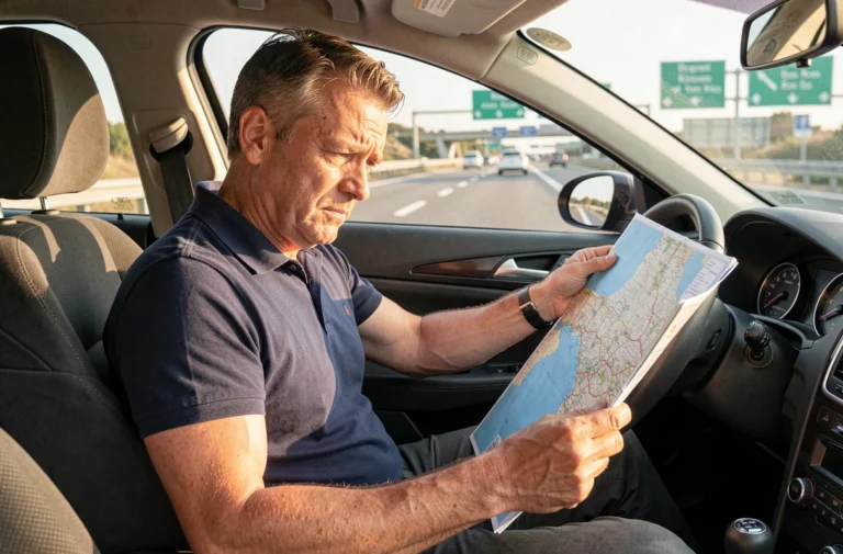 Conducteur étudiant une carte routière de l'Espagne assis dans sa voiture sur une autoroute