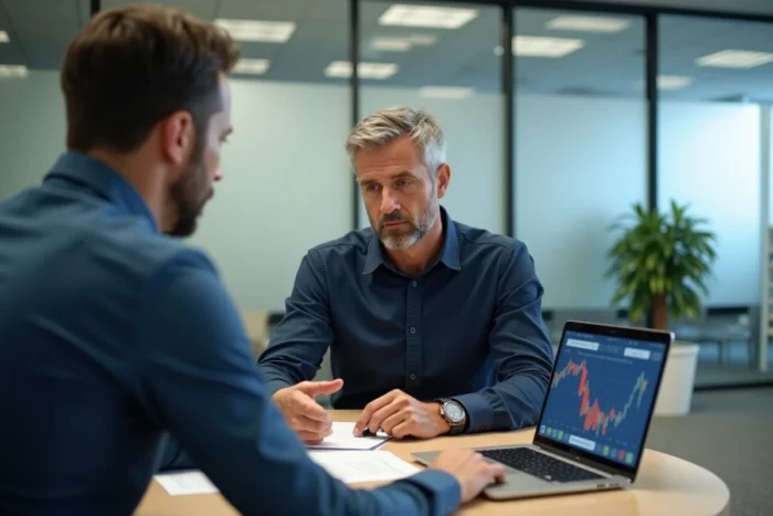 Homme en consultation avec un conseiller bancaire pour un crédit flexible