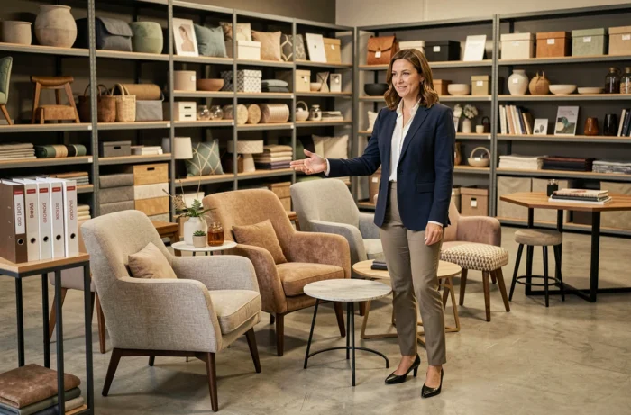 Coordinatrice événementielle présentant des échantillons de mobilier de location dans un showroom lyonnais spécialisé en mobilier événementiel