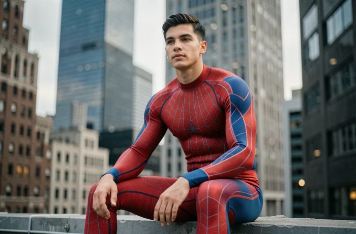 Jeune homme en costume Spider-Man rouge et bleu assis sur un toit avec vue sur les gratte-ciels de New York en arrière-plan