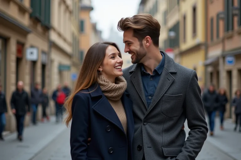 Couple élégant partageant un moment complice dans une rue pavée européenne en automne, illustrant la relation entre acteurs de la série Victoria