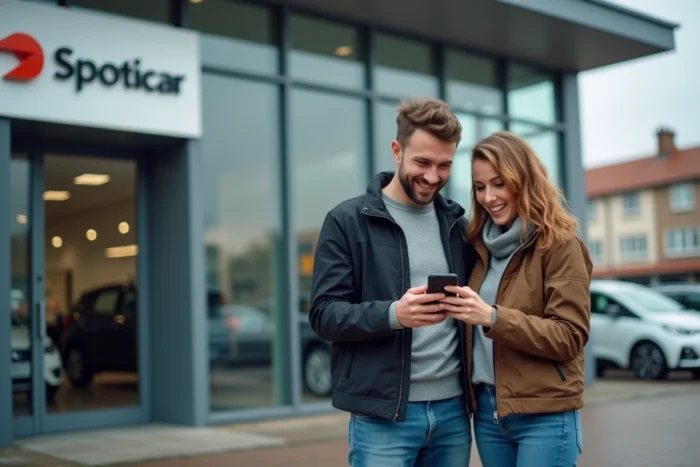 Couple consultant des avis Spoticar sur smartphone devant une concession de voitures d'occasion