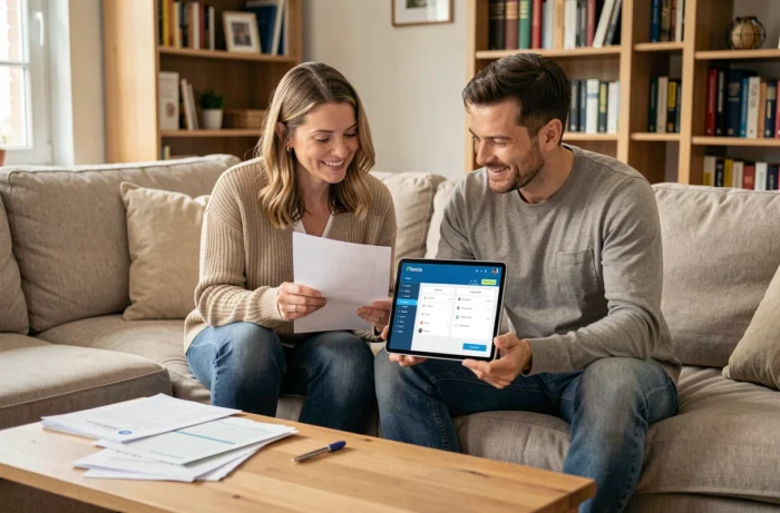 Couple consultant le tableau de bord MyFoncia sur tablette dans leur salon