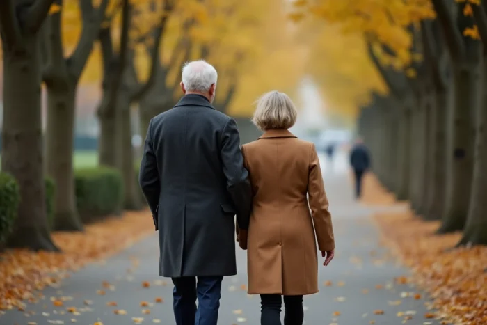 Couple élégant marchant discrètement sur un boulevard parisien en automne, illustration symbolique de la vie privée et de la discrétion d'André-Louis Auzière ex-mari de Brigitte Macron