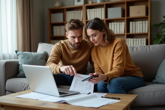Couple étudiant des documents de crédit instantané dans leur salon