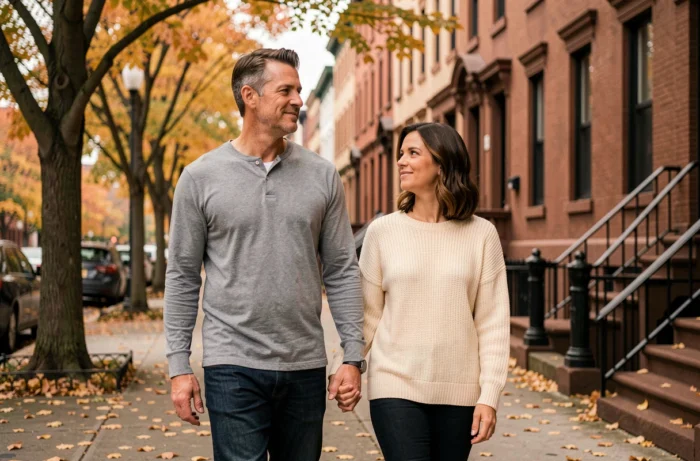 Couple main dans la main se promenant sur un trottoir parisien en automne avec des feuilles dorées au sol
