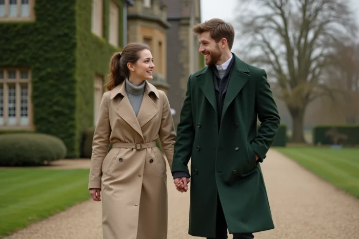 Couple marchant dans le parc d'un manoir anglais en hiver, atmosphère rappelant les décors de la série Victoria avec Jenna Coleman et Tom Hughes