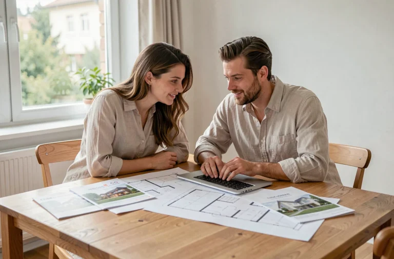 Couple étudiant des plans immobiliers sur une table en bois dans un appartement moderne et lumineux